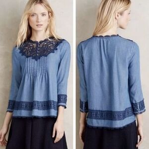 Anthro|Holding Horses Shirt Western Blue Chambray Embroidered 3/4 Sleeve Size 10